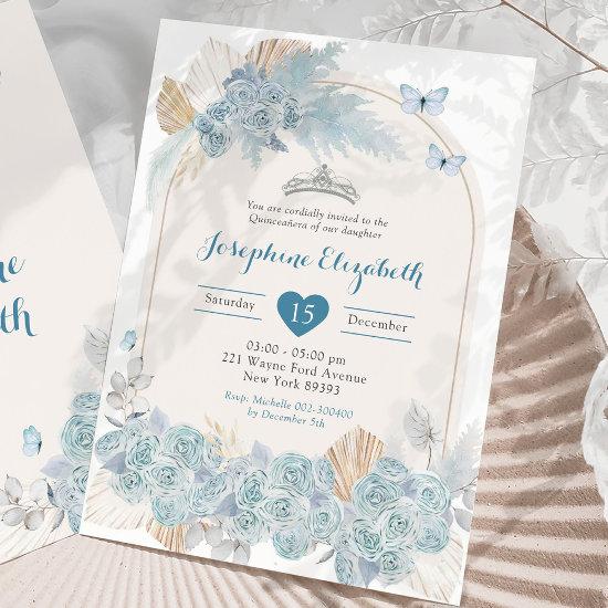 Boho Dusty Blue Floral Pampas Girl's Quinceañera