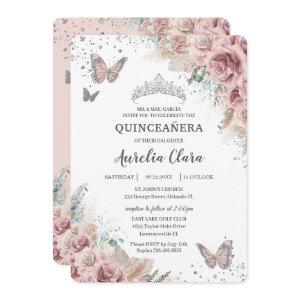 Boho Dusty Rose Floral Pampas Silver Quinceañera