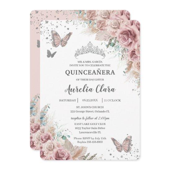 Boho Dusty Rose Floral Pampas Silver Quinceañera