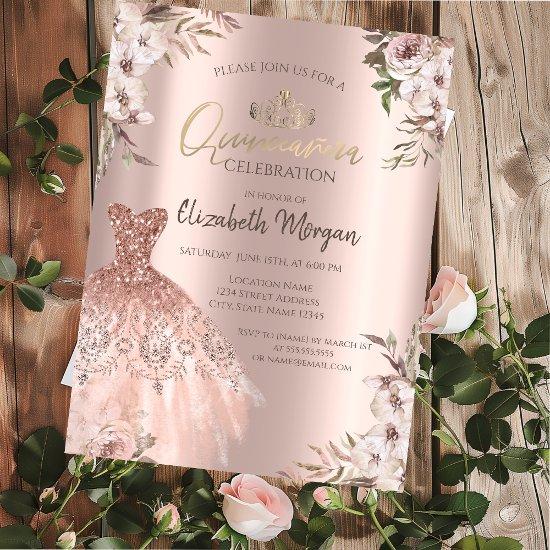 Boho Flowers Dress Rose Gold Quinceanera