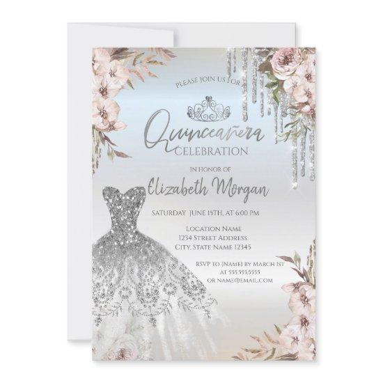 Boho Flowers Dress Silver Drips Quinceanera
