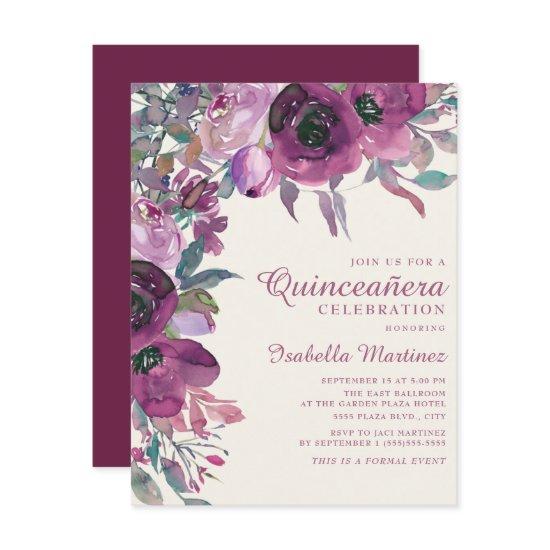Boho Garden Purple Lilac Floral Script Quinceañera