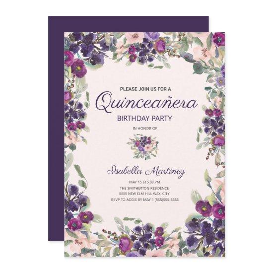 Boho Green Leaves Purple Pink Floral Quinceañera