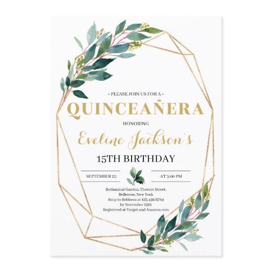 Boho greenery eucalyptus gold quinceanera