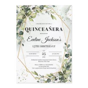 Boho greenery leaves gold frame quinceanera