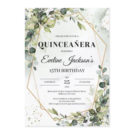 Boho greenery leaves gold frame quinceanera