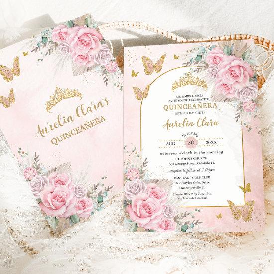 Boho Pampas Grass Pink Roses Floral Quinceañera