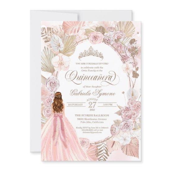 Boho Pink Dried Floral Roses Quinceanera Birthday