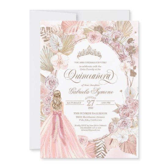 Boho Pink Dried Floral Roses Quinceanera Birthday