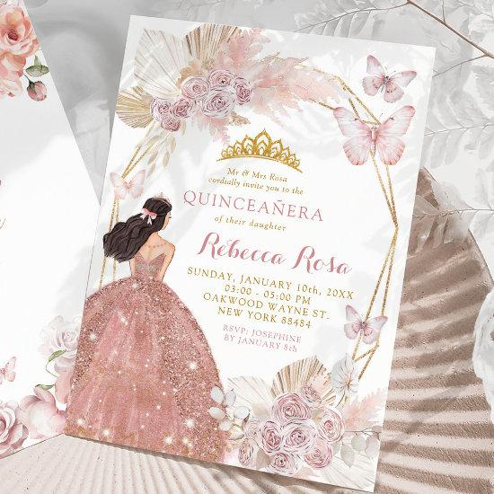 Boho Pink Floral Butterfly Princess Quinceañera