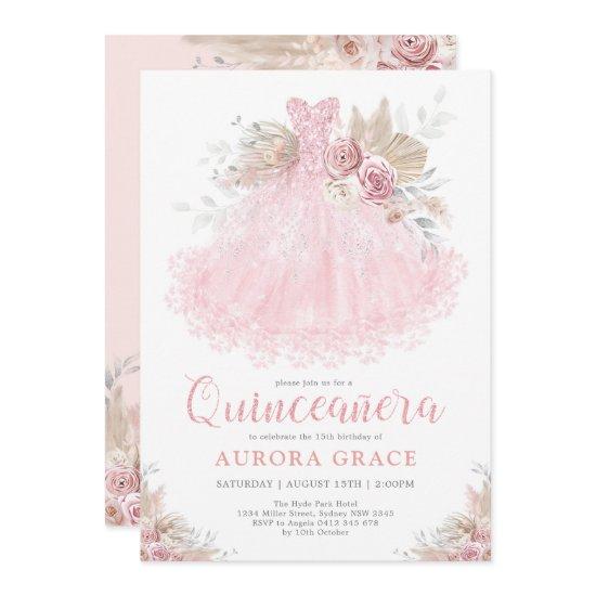 Boho Pink Silver Quinceañera Party Ball Gown