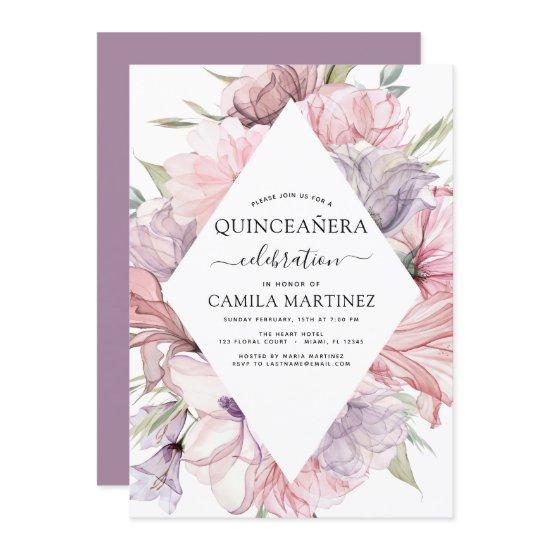 Boho Purple Quinceañera Dusty Pink Floral Invitati
