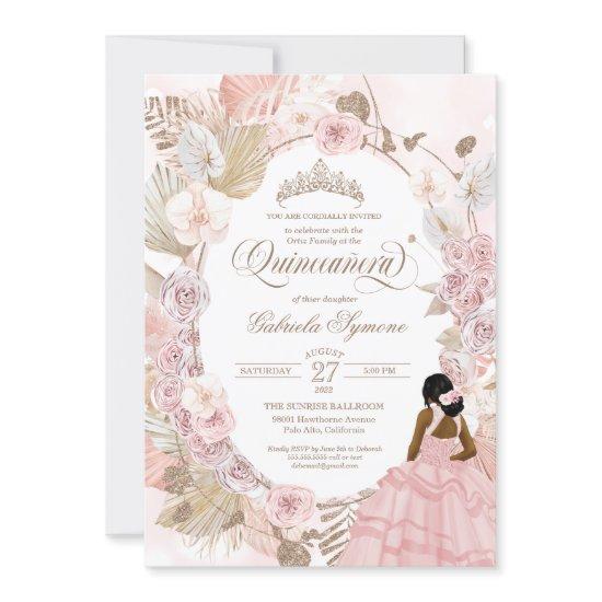 Boho Quinceanera Pink Roses Dried Floral Orchid