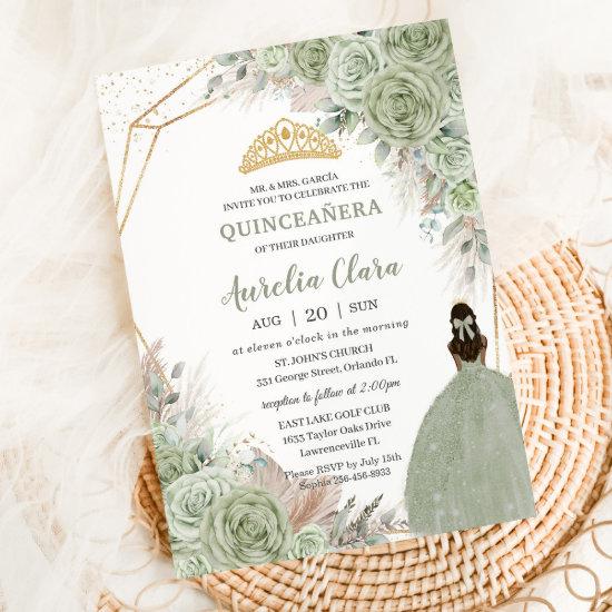 Boho Quinceanera Sage Green Floral Pampas Grass