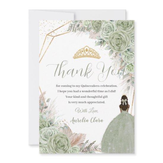 Boho Quinceanera Sage Green Floral Pampas Grass Thank You Card