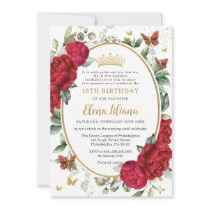 Boho Red Peonies Floral Butterflies 18th Birthday