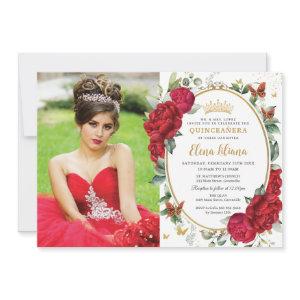 Boho Red Peonies Floral Butterflies Quinceañera