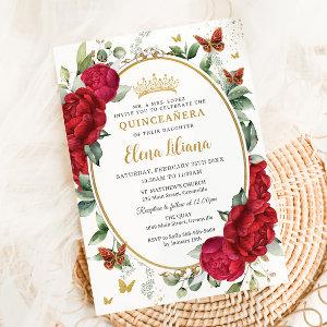 Boho Red Peonies Floral Butterflies Quinceañera