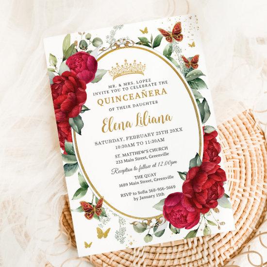 Boho Red Peonies Floral Butterflies Quinceañera