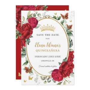Boho Red Peonies Floral Butterflies Quinceañera  Save The Date