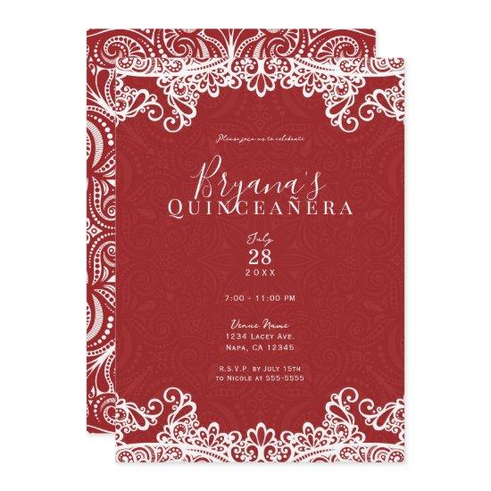 Boho Red White Lace Bold 15th 15 Quinceañera Party
