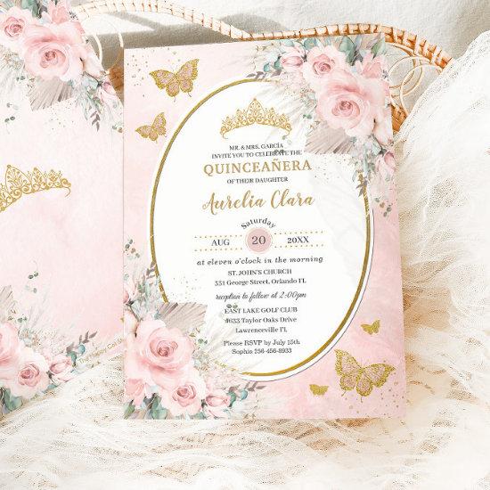 Boho Rustic Pampas Blush Pink Floral Quinceañera