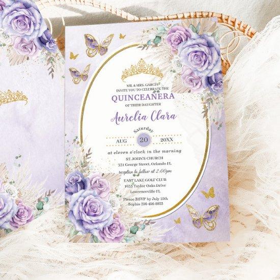 Boho Rustic Pampas Purple Lilac Floral Quinceañera