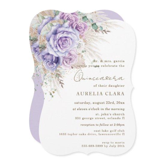 Boho Rustic Pampas Purple Lilac Floral Quinceañera