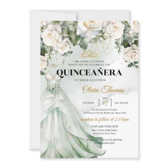 Boho Sage Dress & White Roses Greenery and Gold