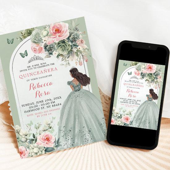 Boho Sage Green Pink Floral Quinceañera