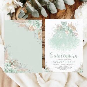 Boho Sage Green Silver Quinceañera Princess Dress