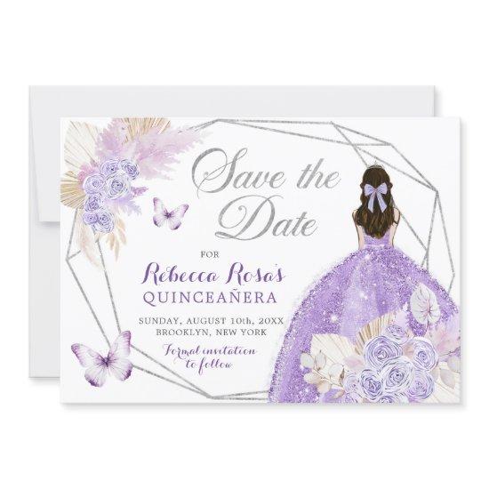 Boho Silver Lilac Floral Quinceañera Save The Date