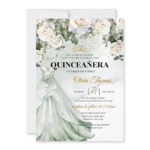 Boho White Dress & White Roses Greenery and Gold