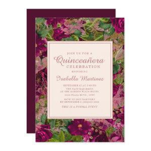 Bold Purple Wine Lacy Pink Floral Quinceañera
