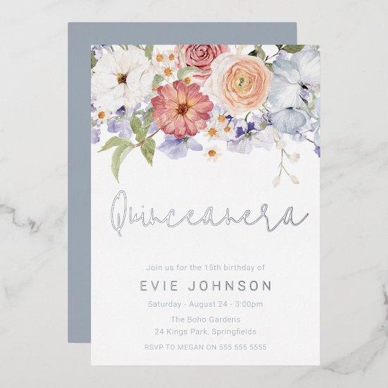 Botanical Dusty Blue Quinceanera Party Silver Foil