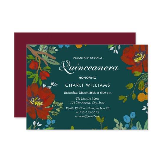 Botanical Floral Navy Quinceanera Party Invite