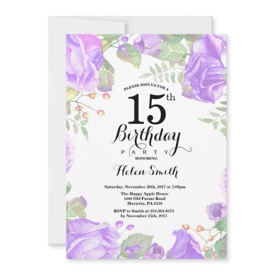 Botanical Purple Floral 15th Birthday
