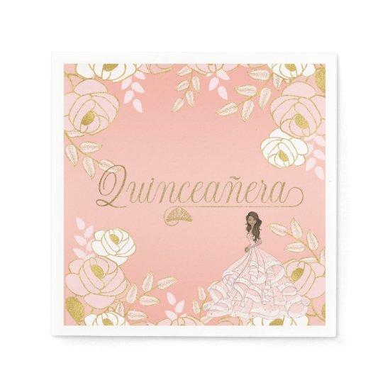 Botanical Quinceanera in White Pink and Gold Napkins