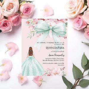 Bow pink floral green dress Quinceanera