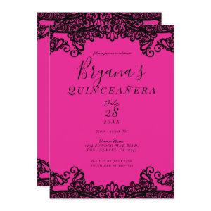 Bright Hot  Pink Black Ink Lace 15th Quinceañera