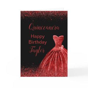 Bright Red Dress Faux Glitter Quinceanera Card
