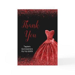 Bright Red Dress Faux Glitter Quinceanera Thank You Card