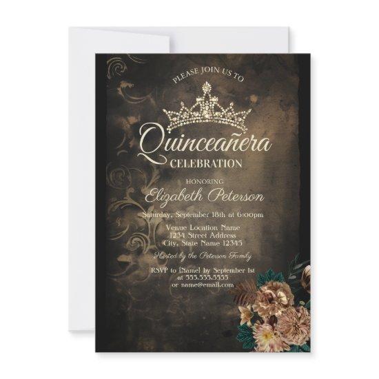 Brown Flowers Damask Dark Gothic Quinceañera