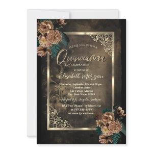 Brown Flowers Gold Frame Gothic Quinceañera