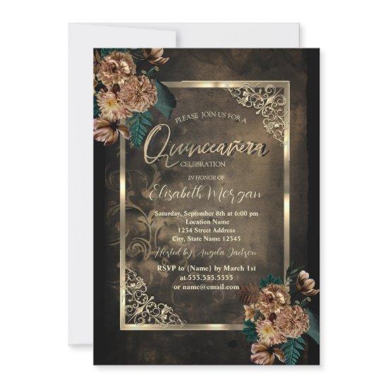 Brown Flowers Gold Frame Gothic Quinceañera
