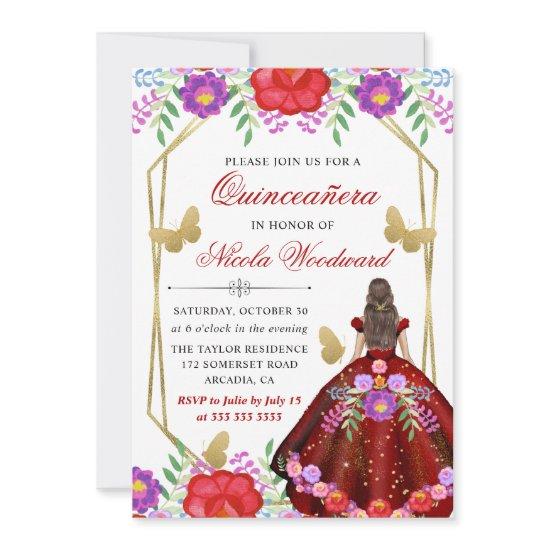 Brunette Mexican Floral Dress Quinceañera