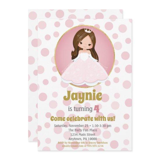 Brunette Pink Princess Girls Birthday