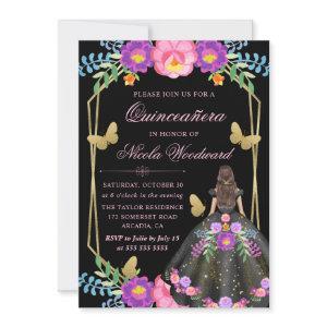 Brunette Woman Mexican Floral Dress Quinceañera
