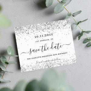 Budget birthday white silver glitter save the date