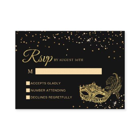 BUDGET Black and Gold Glitter Masquerade Rsvp Enclosure Card